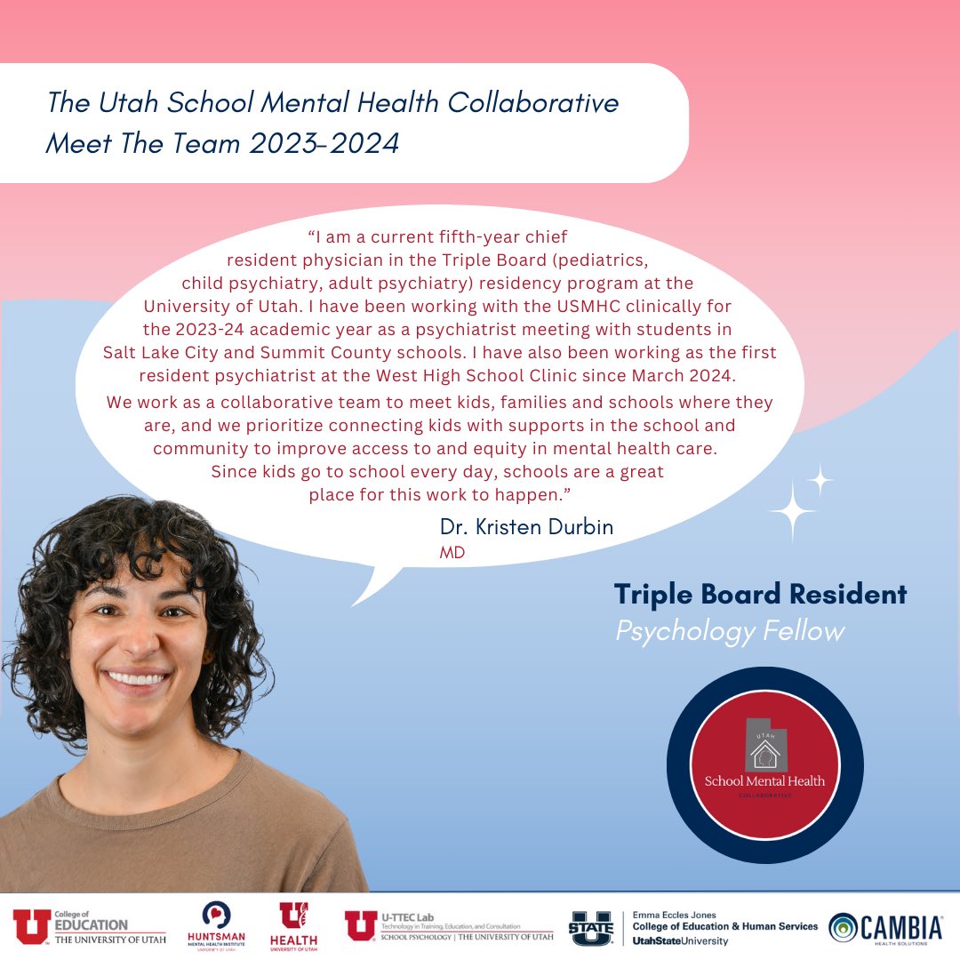 Shout-out to Dr. Kristen Durbin, USMHC Team Triple Board Resident! Dr. Durbin has combined pediatric and psychology training and greatly contributes to the team. 💫

 #SchoolMentalHealth #UtahSMHCollab 
@Cambia @uofu_hmhi @UUtah @RegenceUtah @USUAggies @UTPublicEd