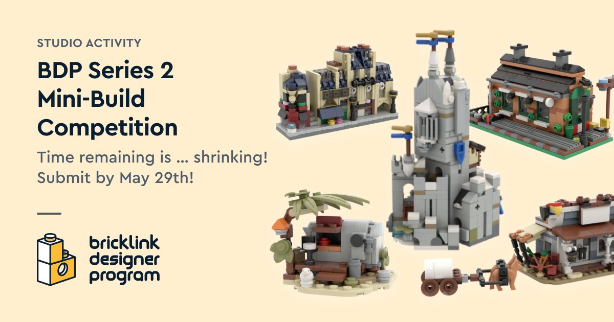 BrickLink's tweet photo. Time remaining is … shrinking! One week left to build your mini BDP Series 2 Finalist model. Competition ends May 29 at 12pm Pacific US time.

https://t.co/49ZlO4dsCE  

#LEGO #BrickLink #BrickLinkStudio #BDPSeries2 #BLseries2minibuild https://t.co/N0Hy5Ti3Oj