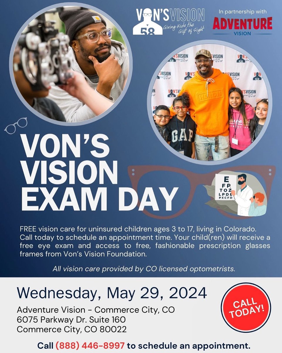Von's Vision is hosting an exclusive FREE eye exam and glasses day for in need students, ages 3 to 17, in Commerce City, CO on Wednesday, May 29, 2024. Call today to schedule an appointment for your child(ren). (888) 446-8997. #vonsvisioncolorado #vonsvision #vonmiller <a href="/VonMiller/">Von Miller</a>