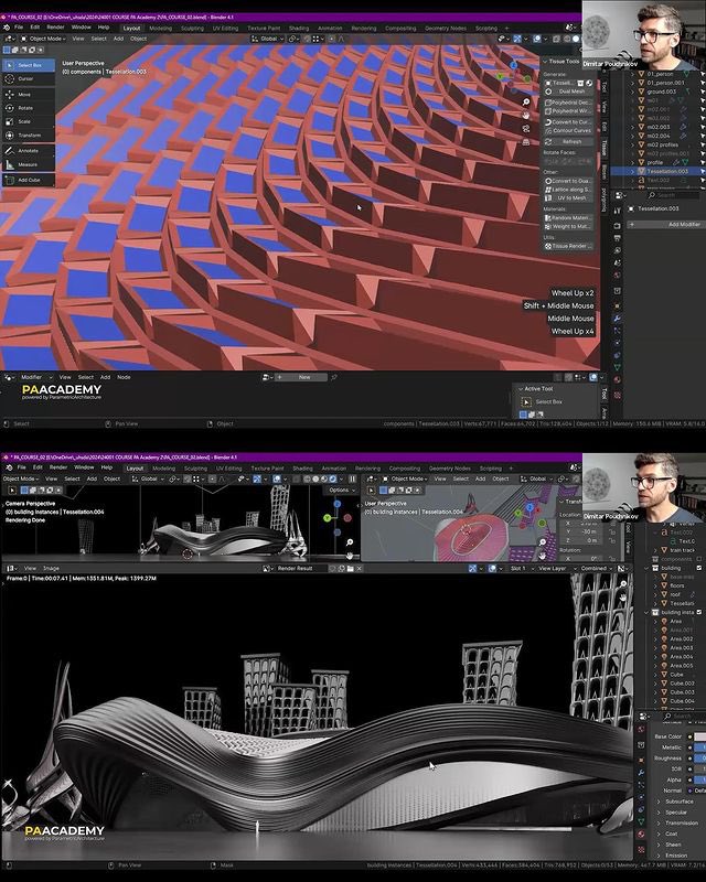 Scenes from Day 2 of the “Parametric Architecture with Blender” workshop led by @dimitarsp. Participants learn methodologies for modeling in a highly efficient and smart fashion that lets them adjust their models and see the results. At the same time, we explore the concept of