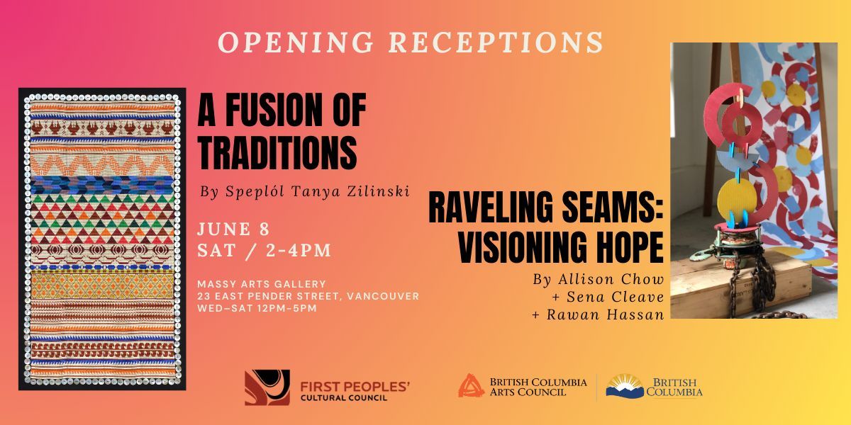 On Sat, June 8th at 2pm, join us in a dual celebration of the opening window installation, A Fusion of Traditions, by artist Speplól Tanya Zilinski, and main gallery show Ravelling Seams: Visioning Hope by artists Allison Chow, Sena Cleave & Rawan Hassan. bit.ly/44Q86Bc