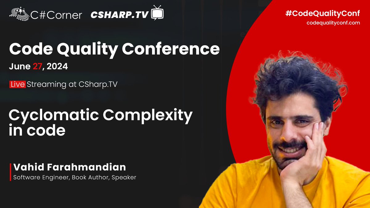I'll be with you on June 27th at the Code Quality Conference 2024, to talk about Cyclomatic Complexity in code. See you all very soon🌹 Special thanks to: @CSharpDotTV @CsharpCorner @codewithsimon #CodeQualityConf #csharp #software_architecture #dotnet