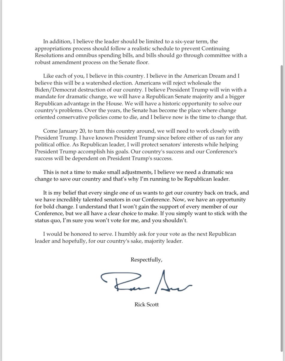 FBSaunders's tweet image. Florida’s @SenRickScott is running for Senate Republican leader — penning this letter to colleagues “I believe now is a
moment we need dramatic change.”