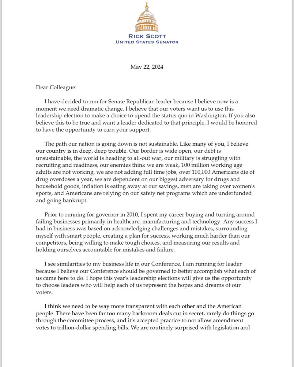 FBSaunders's tweet image. Florida’s @SenRickScott is running for Senate Republican leader — penning this letter to colleagues “I believe now is a
moment we need dramatic change.”
