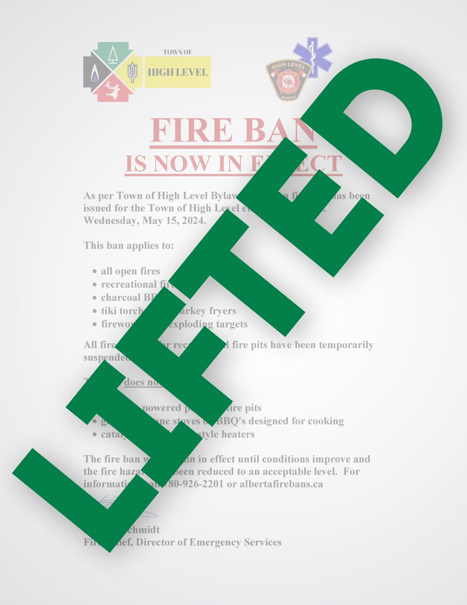 Notice to residents:
The fire ban within the Town of High Level has now been lifted.
Please remember to use safe practices when enjoying recreational firepits, charcoal barbecues, and other recreational activities requiring open flame.