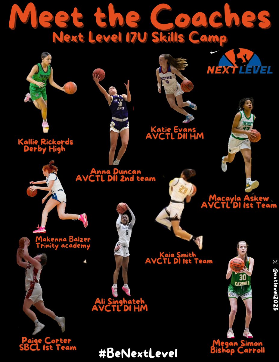 🚨MEET THE COACHES 🚨
We are SIX days away from our Next Level 17U Skills Camp! 
You will have the opportunity to learn from some of the BEST high school WBB players in the ICT/KS. 

We look forward to having YOU 🫵🏽 there!
⏰: 1. 6th-8th grade 4-5:30p. | 9-10th grade 6-7:30p.
📍: