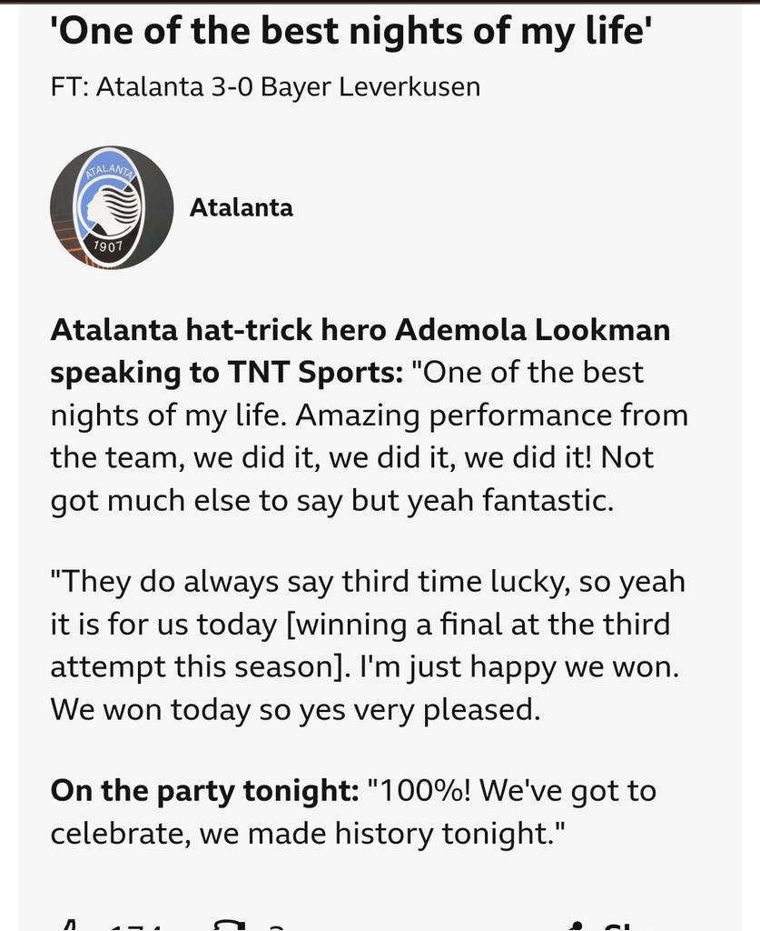Ademola Lookman, the Hat trick hero on his performance against Leverkusen.
