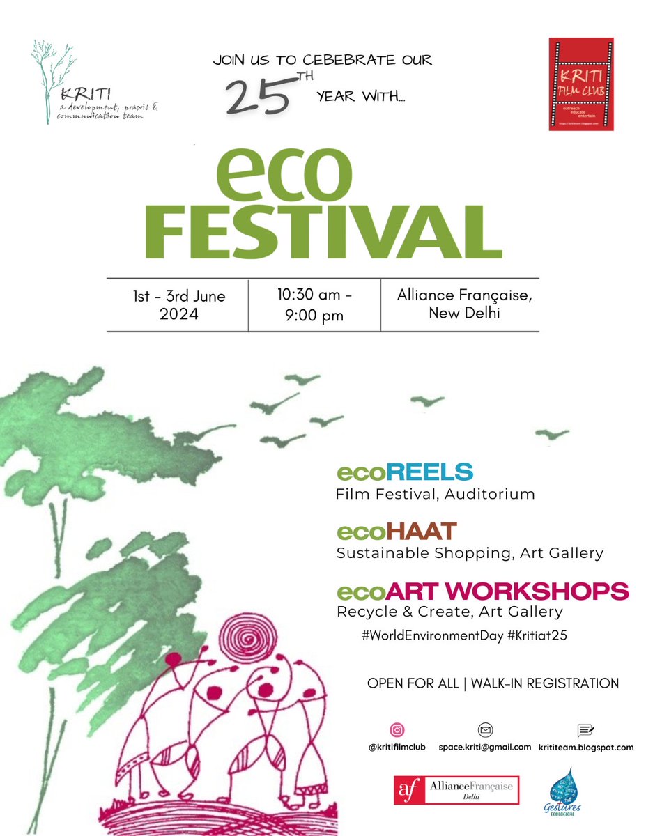 ECOFESTIVAL 1 - 3 Jun 2024 @Alliance Française delhi *ecoREELS* Film Festival *ecoArt* workshops ecoHaat for sustainable shopping krititeam.blogspot.com/2024/05/ecofes… 9810666692 / space.kriti@gmail.com #worldenvironmentday #ecofestival #ecoreels #ecoartworkshops #kritifilmclub