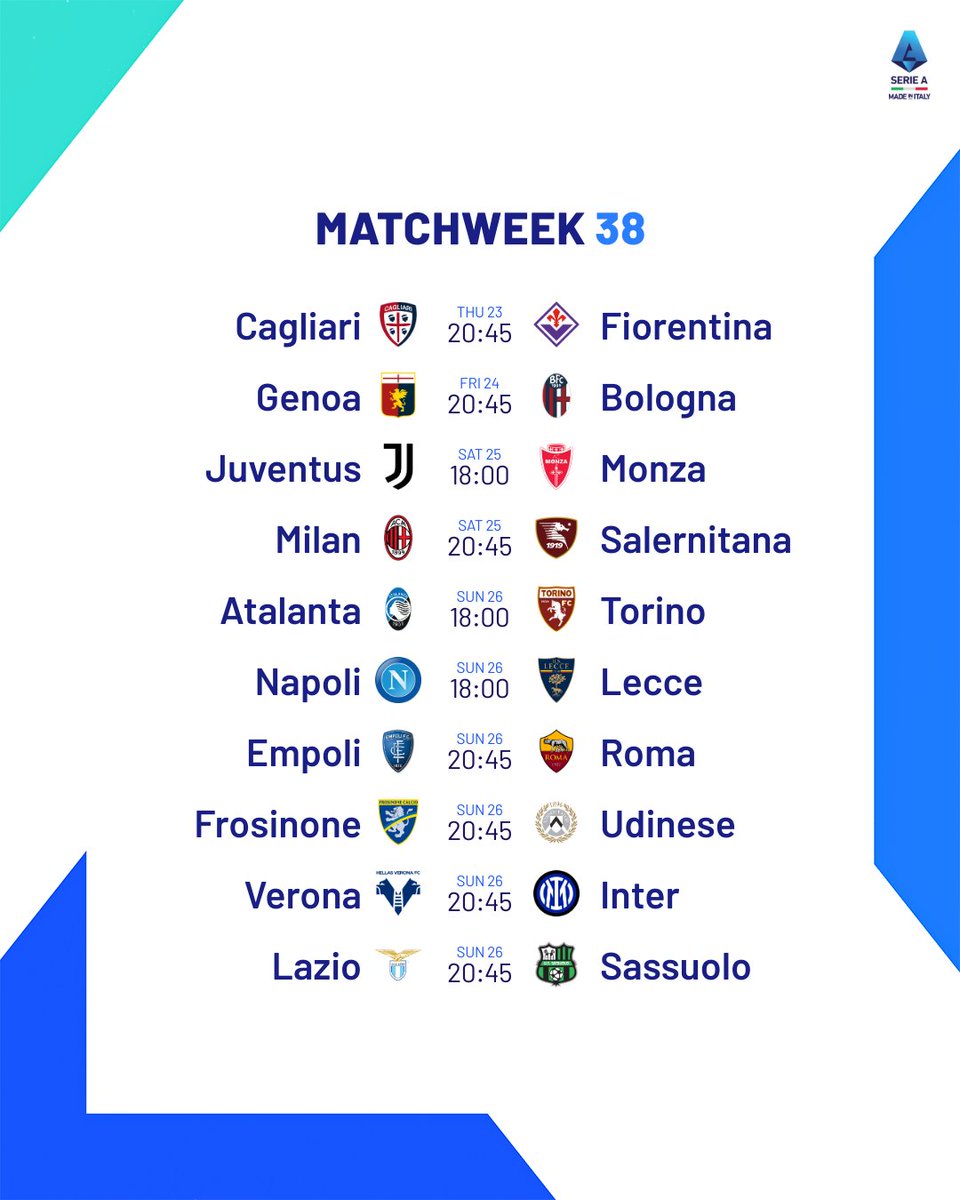 Time for the last matchweek of the season 😢 Keep an eye for #FrosinoneUdinese, a direct battle for a spot in #SerieA next season ⚔️