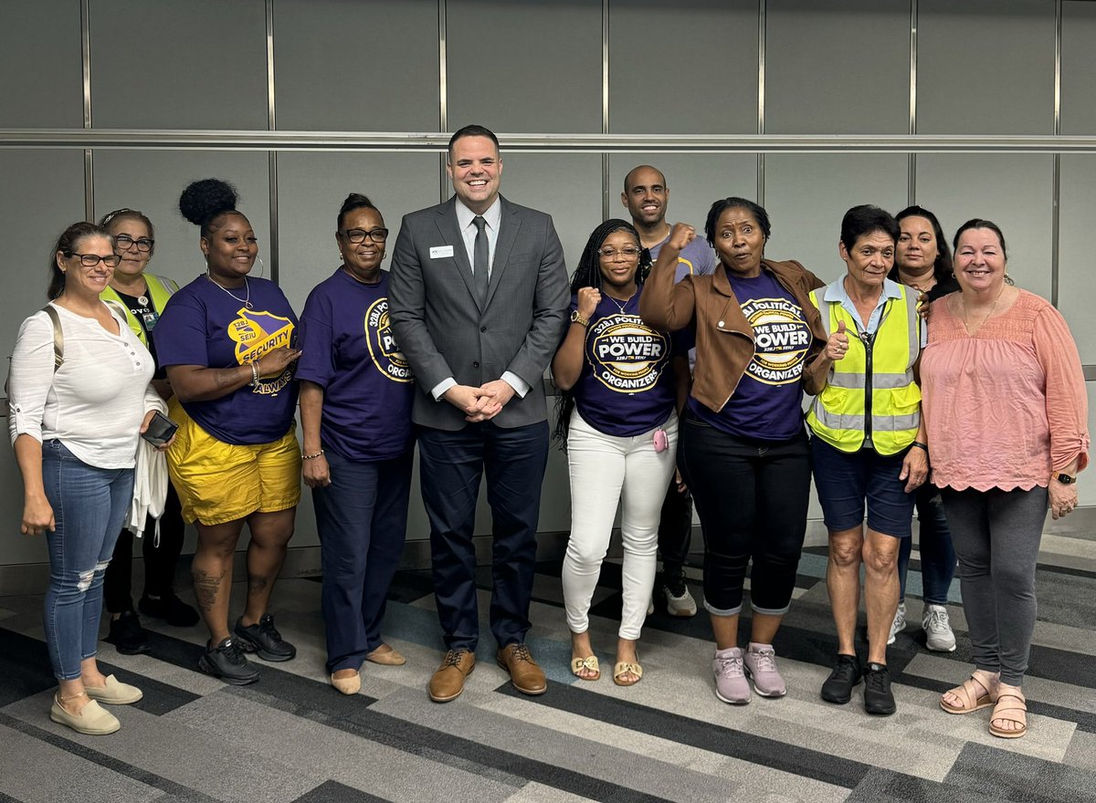 Great to spend the day with members of @32BJSEIU at the Miami Airport talking about our workers, living wages, and heat stress. Tallahassee repealed the right of local govts to require contractors pay living wages and basic benefits. We need to #repealHB433