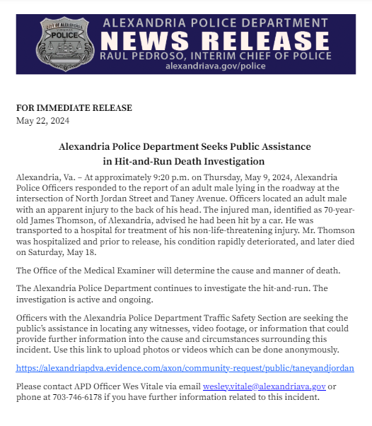 News Release: APD seeks your assistance in a hit-and-run death investigation. The incident occurred at the intersection of North Jordan Street and Taney Avenue on May 9. Photos or videos can be uploaded anonymously using this link: bit.ly/44W202A