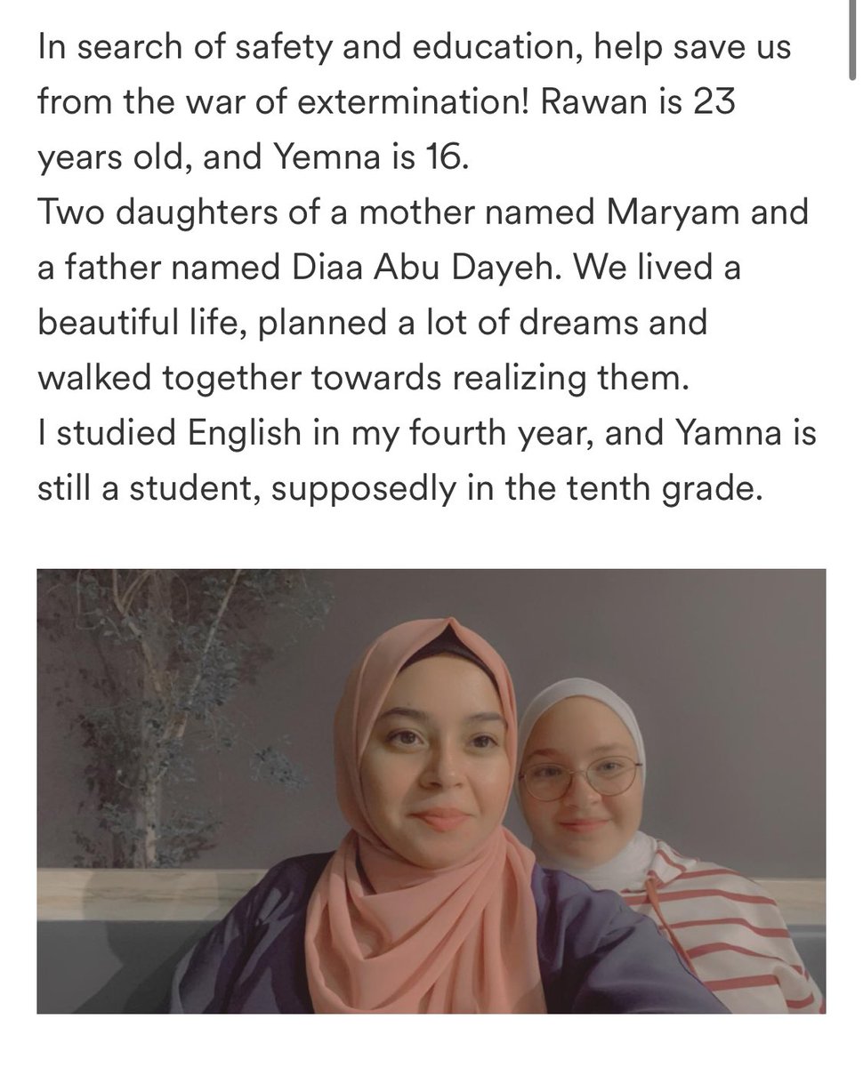 Please, please make a generous donation to @rawanabudaya, her sister, and their parents!!!! >> gofund.me/b9e63397 <<
