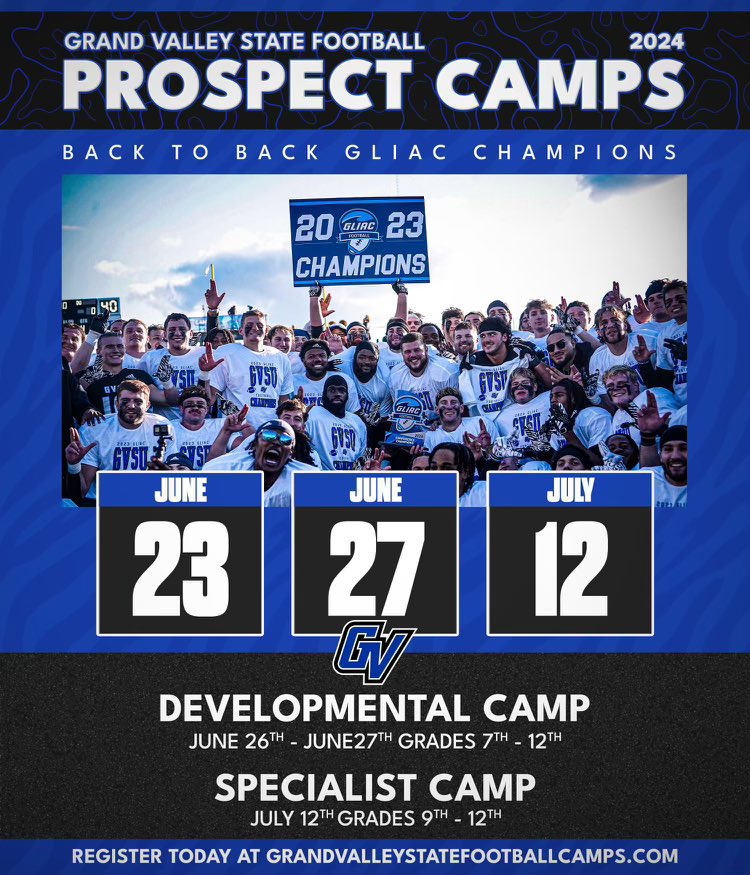 I will be at the Gvsu prospect camp June 23rd!!! <a href="/mgiannone/">Mike Giannone</a> <a href="/alex_pallone/">Alex Pallone</a> <a href="/TarsFootball/">Anchor Bay Football</a> <a href="/TheD_Zone/">The D Zone</a> <a href="/PrepRedzone/">Prep Redzone 🏈</a>