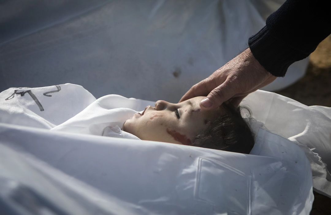 A child, who has been killed in Israeli strikes on Khan Yunis in Gaza today.