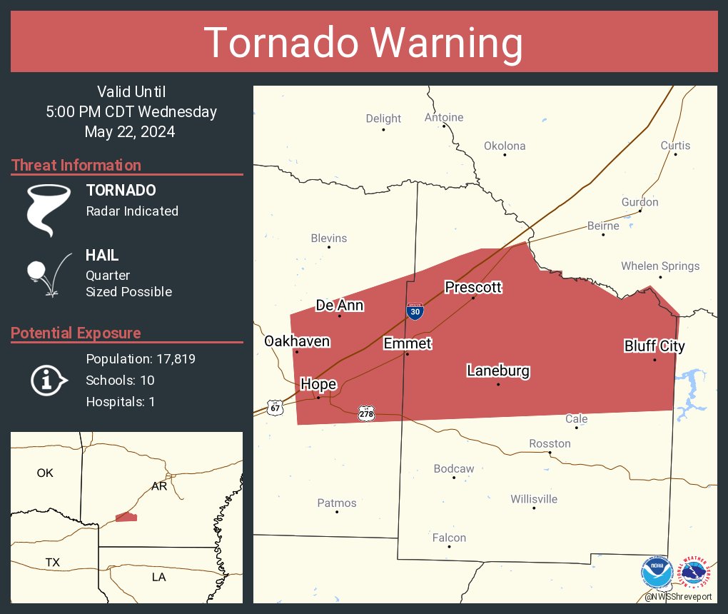 Tornado Warning continues for Hope AR, Prescott AR and Emmet AR until 5:00 PM CDT