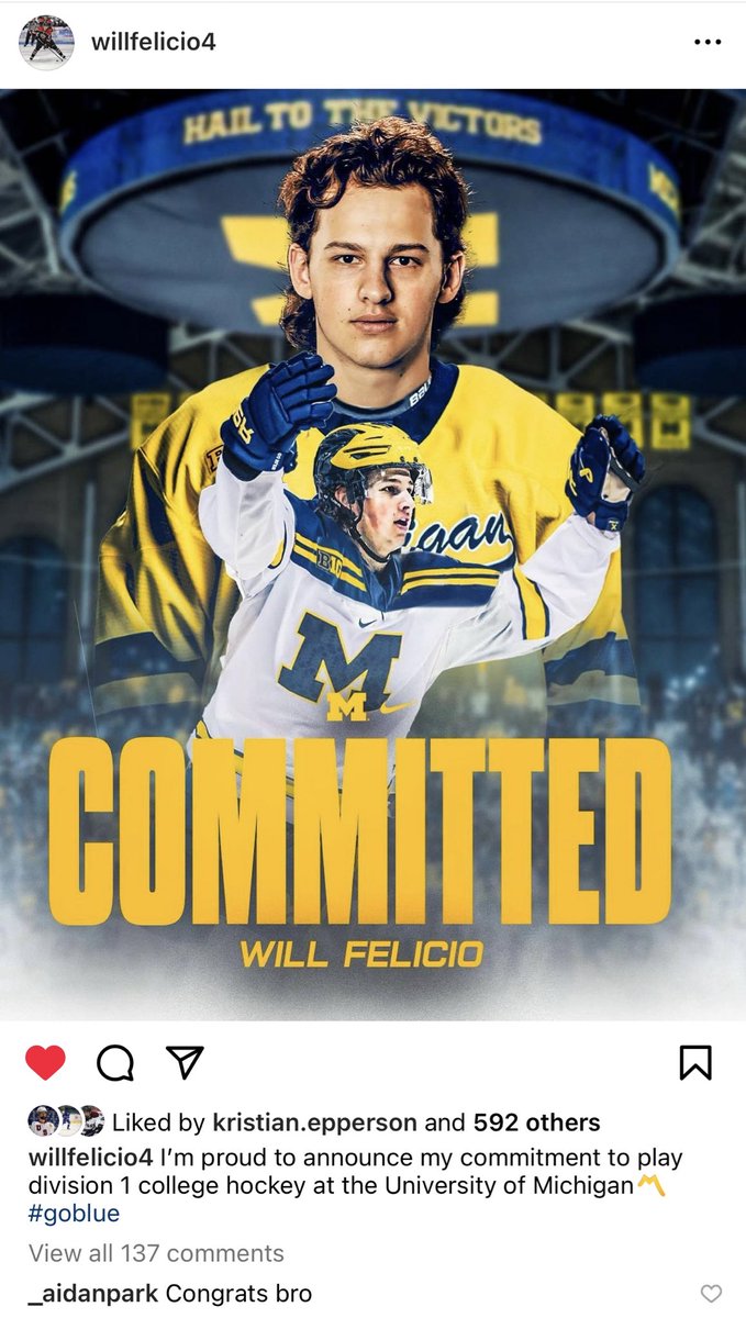 BOOM! 💣〽️ #FutureBlue

Elite '06 D Will Felicio will join @umichhockey! The Massachusetts native is a stellar talent on the blue line.

Initially a Denver commit, he planned a USHL return for next year when the Pios turned to the portal. Instead, U-M capitalizes to add a star!