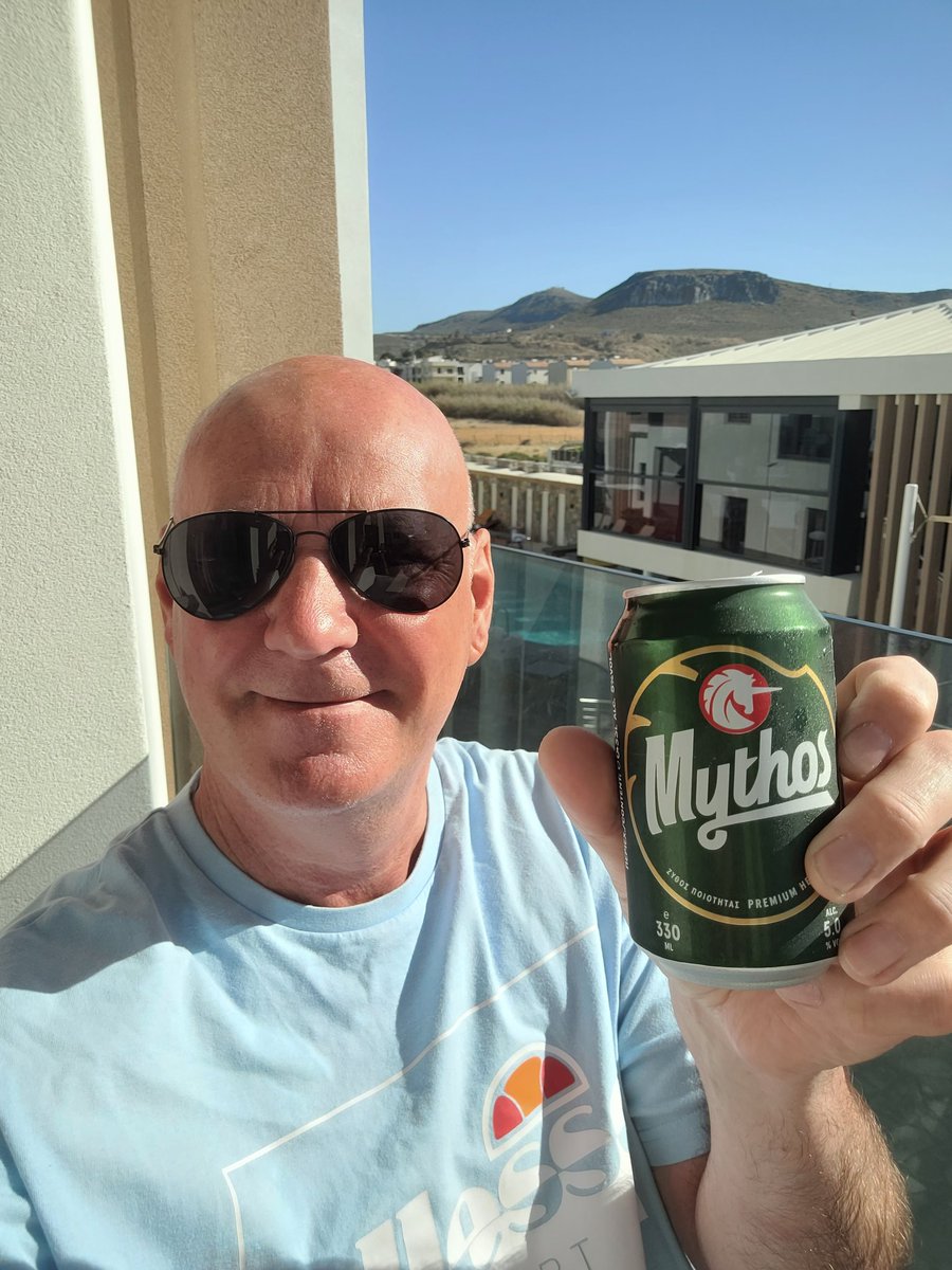 @bushontheradio A cold Mythos from the fridge on the balcony in Gournes, Crete....bliss!