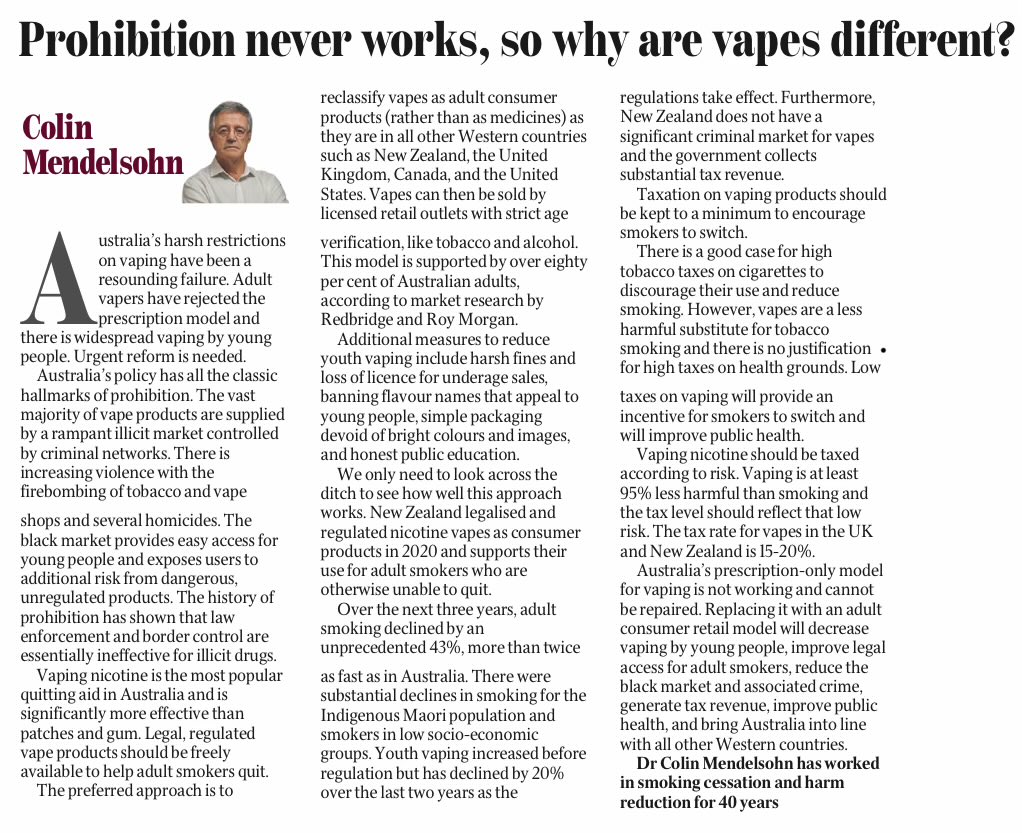 The prescription model for #vaping has been a resounding failure and needs reform Vapes should be adult consumer products so smokers can access them easily for quitting. Strict age verification and other strategies can reduce youth vaping My OpEd in @dailytelegraph today Tax