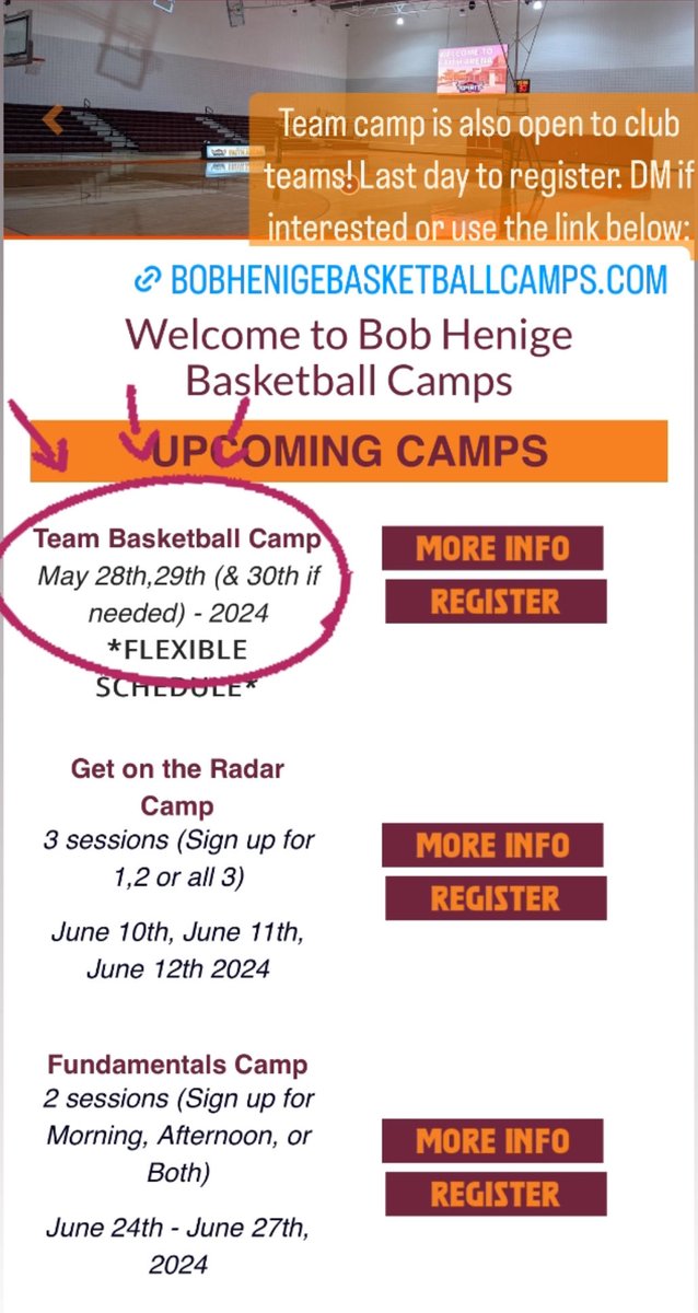 Team Camp is 1 week away &amp; open to club teams as well! LAST DAY TO REGISTER!! Use the link below:

bobhenigebasketballcamps.com