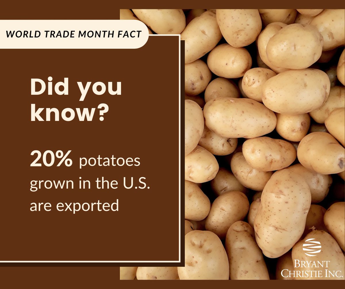 #WorldTradeMonth Fact! 🌎 💰

#DYK Approximately 20 percent of all #USPotatoes are exported, in either fresh or processed form, making trade a significant component of the $100.9 billion U.S. potato industry.

Source: @ThisSpudsForYou