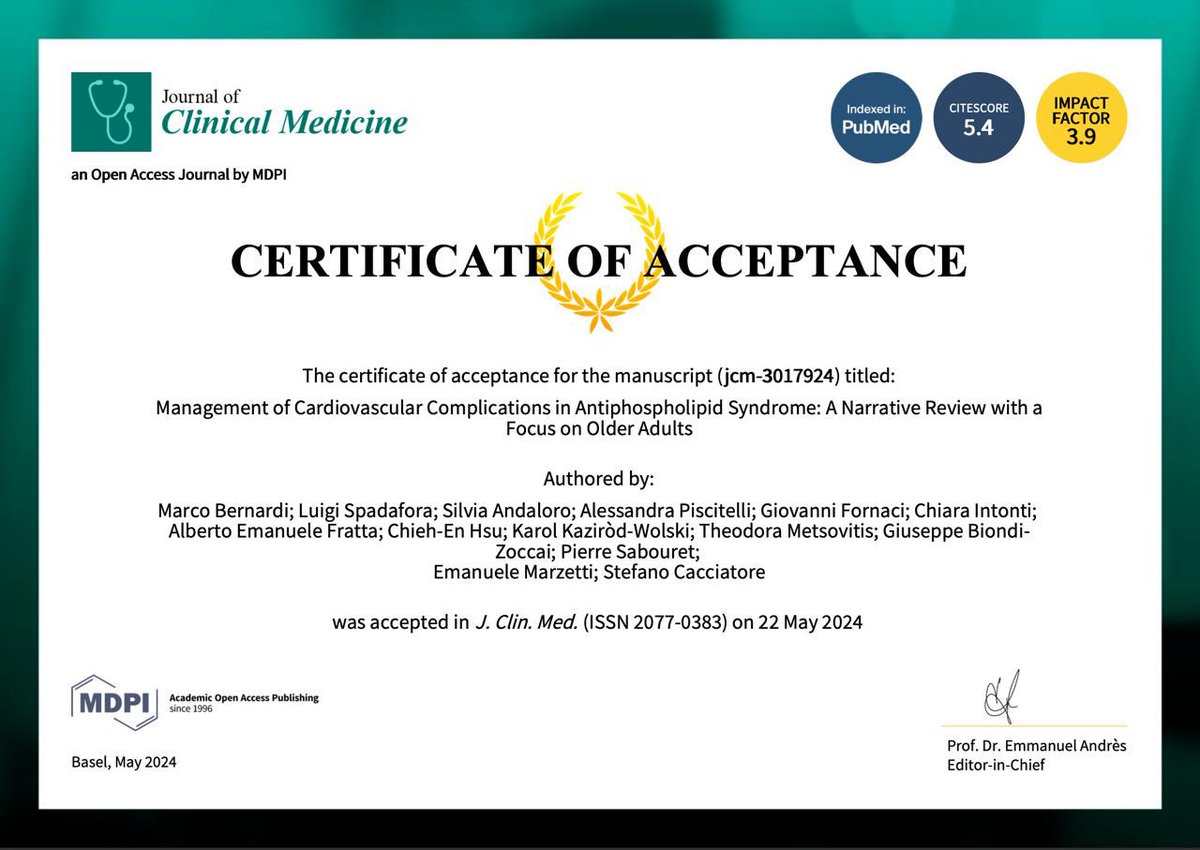 Alepish5's tweet photo. Our review on Management of #APS in Older Adults has been accepted in @JCM_MDPI! Thanks to @stecacMD and all the co-authors @MarcoBernardiMD, @LuigiSpadafora, @silviandaloro, @SABOURETCardio, @gbiondizoccai https://t.co/N2khzaKEyz