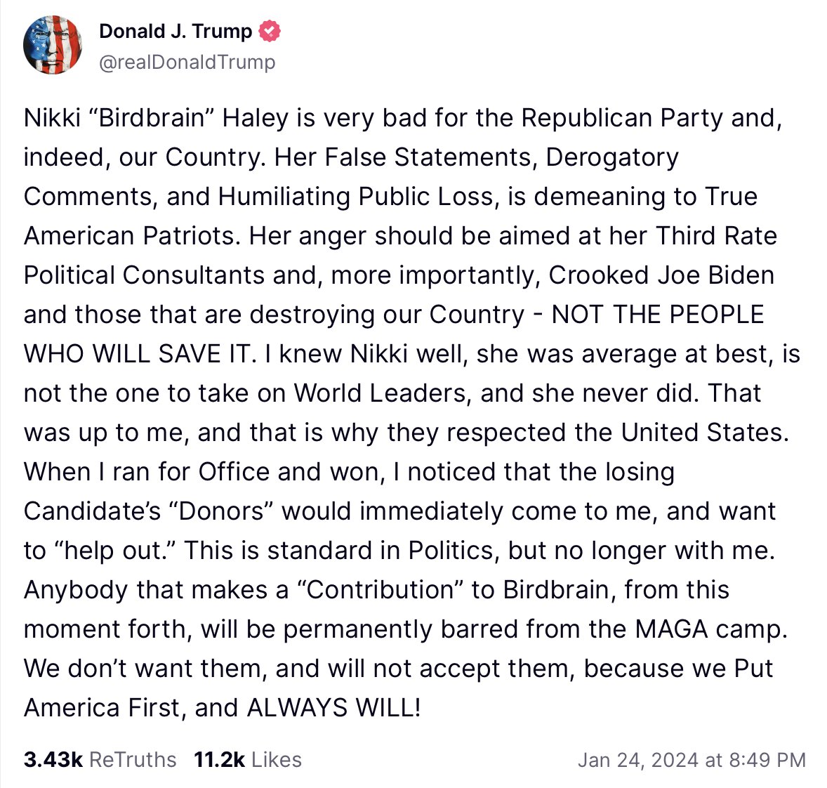 Nikki Haley voters: Trump already told you he doesn't want your votes or your donations. There's no place for you in MAGA world and he's made that clear. If you want a return to sanity, you have to vote for it, which means never letting this man near the White House again.