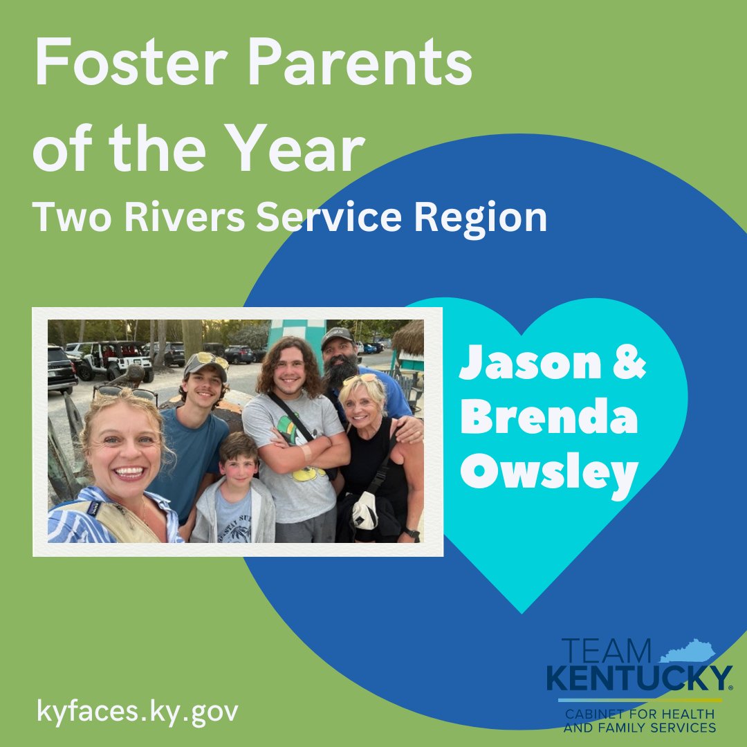 Congrats to Jason & Brenda Owsley, Two Rivers Service Region's Foster Parents of the Year! The couple have fostered since 9/2021 and adopted 3 boys from foster care. Learn more re: the Owsleys at tinyurl.com/3xf9ytsb To be a foster parent, visit kyfaces.ky.gov.