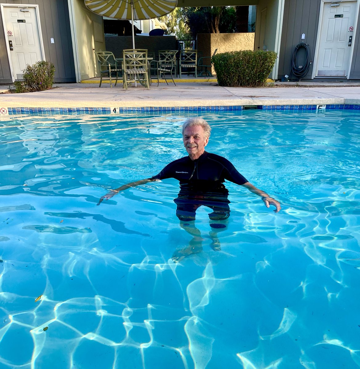 In my new wetsuit yesterday that I got for my BDay
couple months back- I don't do cold water,
so instead of waiting another month, I can enjoy
sone pool #exercise now !