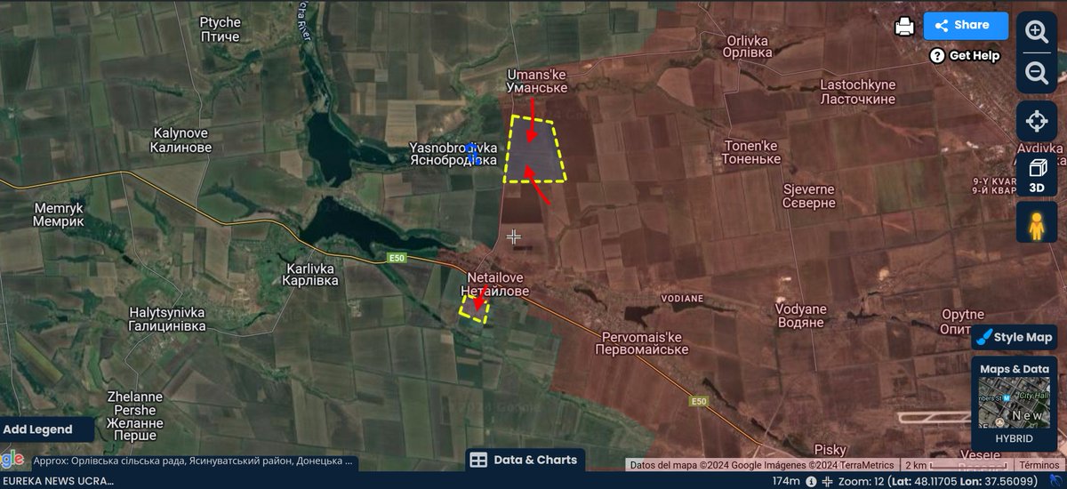 🇷🇺🇺🇦 Noroeste de la ciudad de Donetsk: Durante las últimas 36 horas el ejército ruso incrementó la zona de amortiguamiento al norte y al sur de Netailovo. 🗺 Mapa interactivo scribblemaps.com/maps/view/Eure…