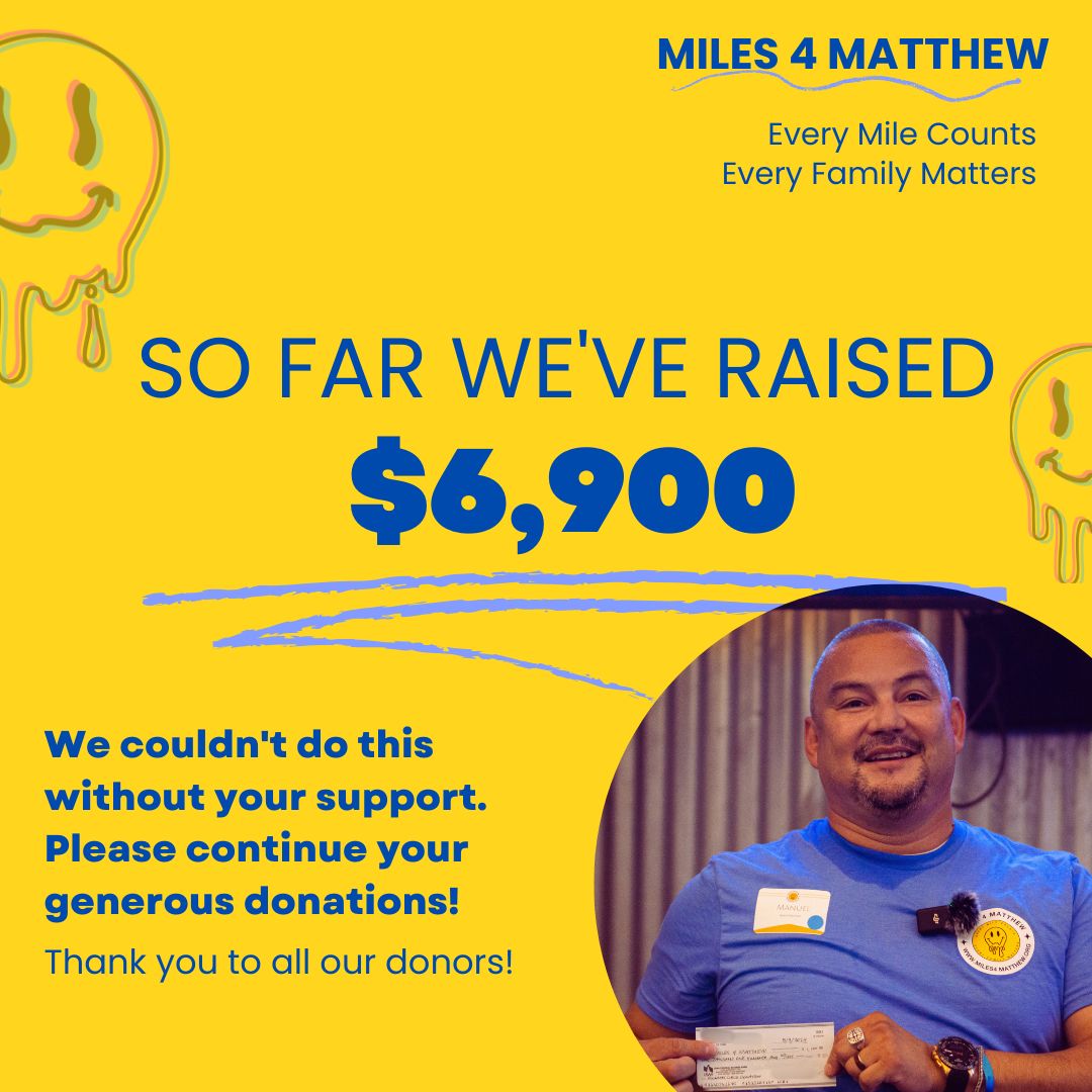 A huge thank you to all our donors! During our soft launch, we have raised $6,900. We need your support to reach our goal of $50,000 by October. Please support us by donating and sharing our mission. Together, we can make a difference! 
#miles4matthew #pedriatriccancerawareness