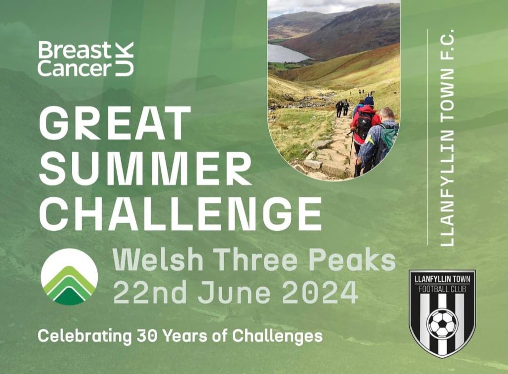 LlanfyllinFC's tweet photo. We are exactly a month away from the Llanfyllin Town Great Summer Challenge, which will involve tackling the Welsh Three Peaks.

This year will mark 30 years since the first Llanfyllin Challenge and 10 years since the British Three Peaks. https://t.co/W6nuJtwHFA