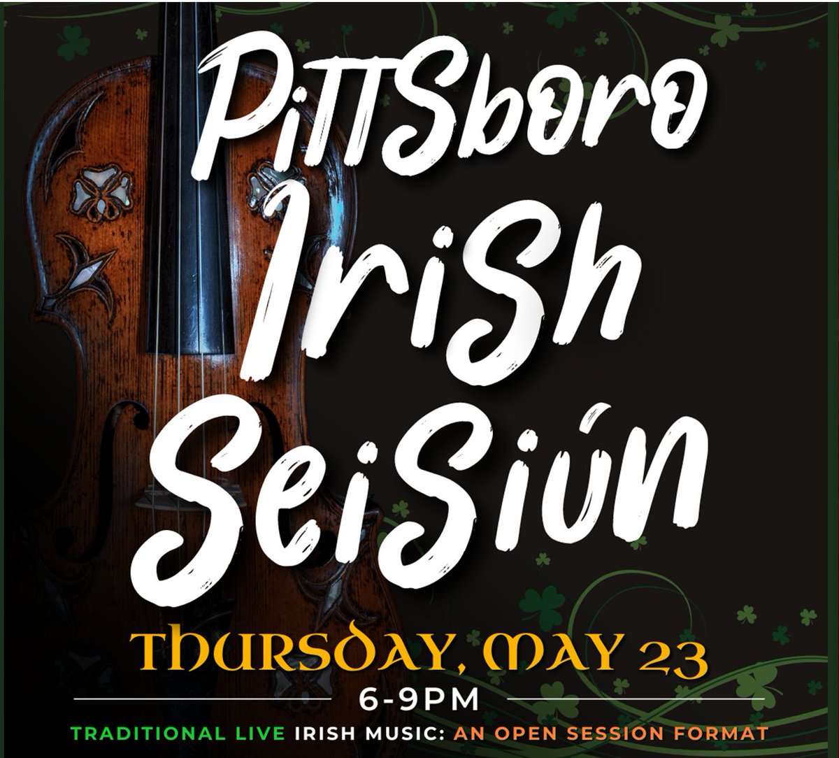 Doherty's Pittsboro hosts an Irish Seisiún! Whether you're starting your music journey, a seasoned pro, or love to listen, this is an event you will want to attend. Bring your instruments and your passion for Irish music, Thu, May 23, 6pm.

visitpittsboro.com/events/