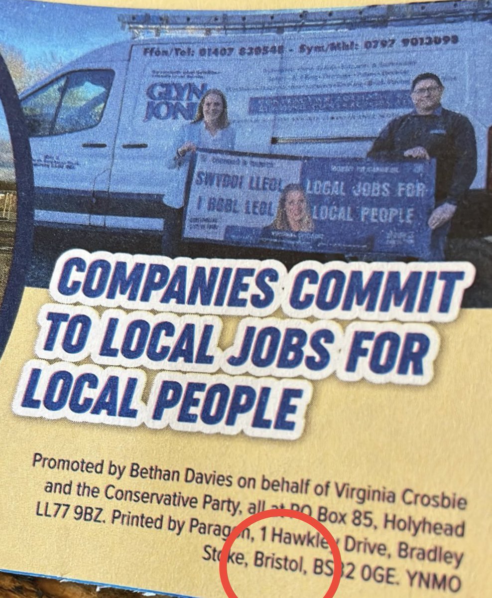 Dewijones97's tweet photo. Ynys Môn MP Virginia Crosbie claims she supports local businesses. 

Such a shame she chooses to print her leaflets in Bristol! https://t.co/6Z0fvhzATt