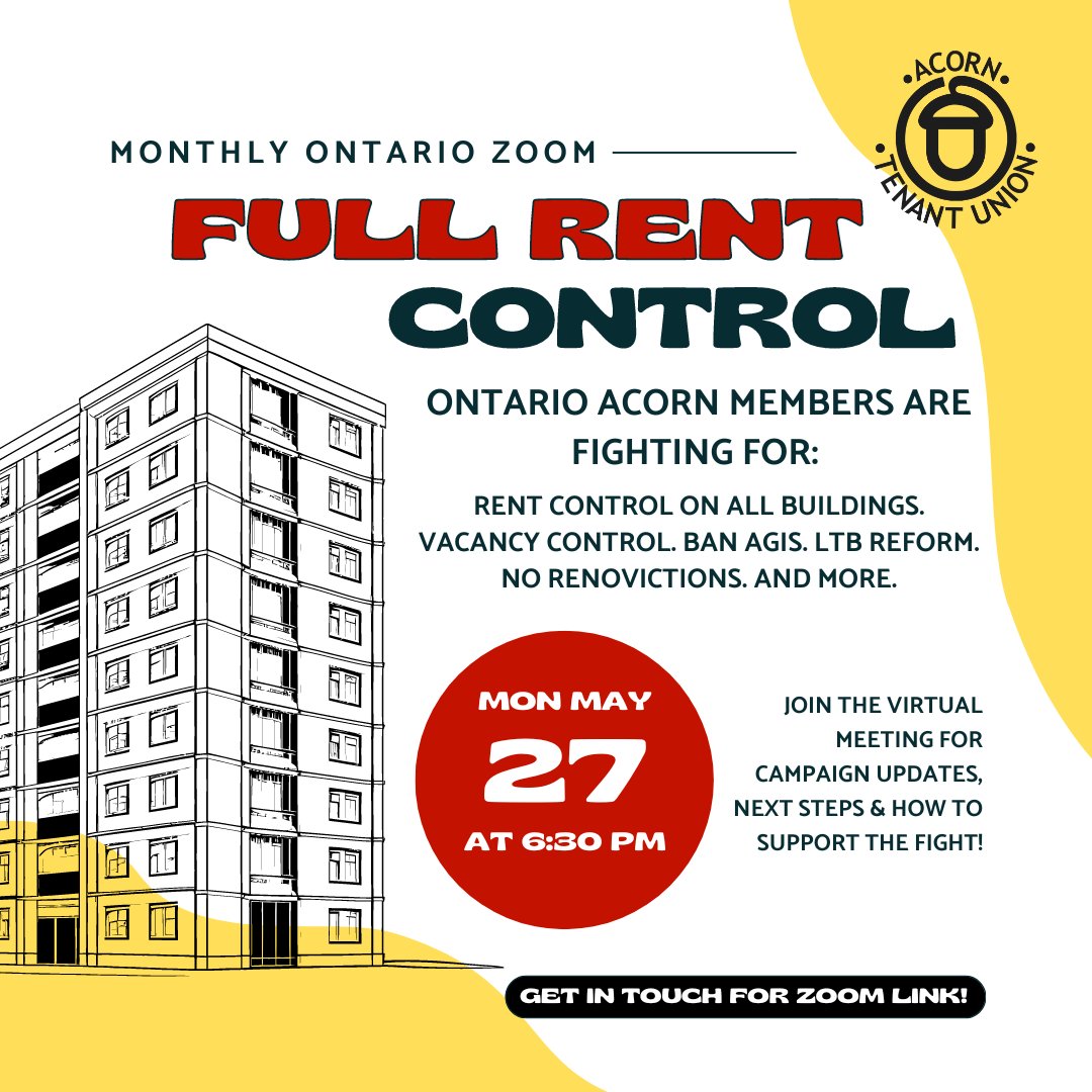 📣Calling all Ontario ACORN members, renters & low-income / working class ppl!! JOIN US 4 the next Ontario virtual meeting on Monday May 27th at 6:30PM. Register to be emailed the link to join here: bit.ly/ONMAY27MTG