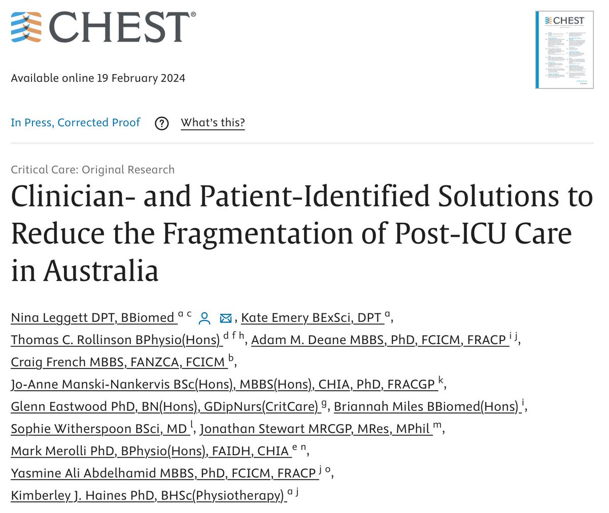 Nina Leggett (@ninaleggett) on Twitter photo Our paper on clinician and patient solutions to reduce fragmentation of post ICU care in Australia was published in <a href="/journal_CHEST/">CHESTยฎ Journal</a> today
๐: bit.ly/4dUIgAb
Thanks to co-authors for their invaluable contributions, and hospitals and GP network for their support Our paper on clinician and patient solutions to reduce fragmentation of post ICU care in Australia was published in <a href="/journal_CHEST/">CHESTยฎ Journal</a> today
๐: bit.ly/4dUIgAb
Thanks to co-authors for their invaluable contributions, and hospitals and GP network for their support