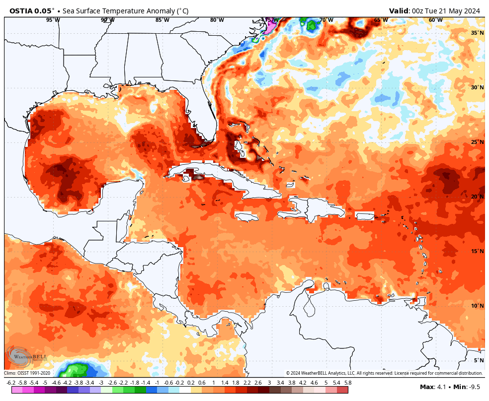 The Tropical Atlantic has never been this hot before in May. A severe marine heatwave has developed across much of the Tropical Atlantic and Caribbean, with water temperatures up to 5-7°F above normal in some areas. Water temperatures in the Caribbean have already exceeded