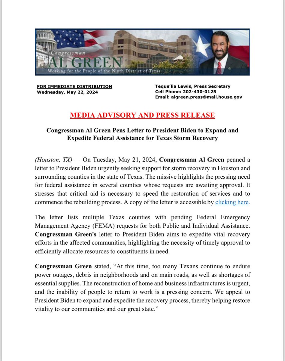 Congressman Al Green Pens Letter to President Biden to Expand and Expedite Federal Assistance for Texas Storm Recovery. A copy of the letter is accessible by clicking here algreen.house.gov/sites/evo-subs…