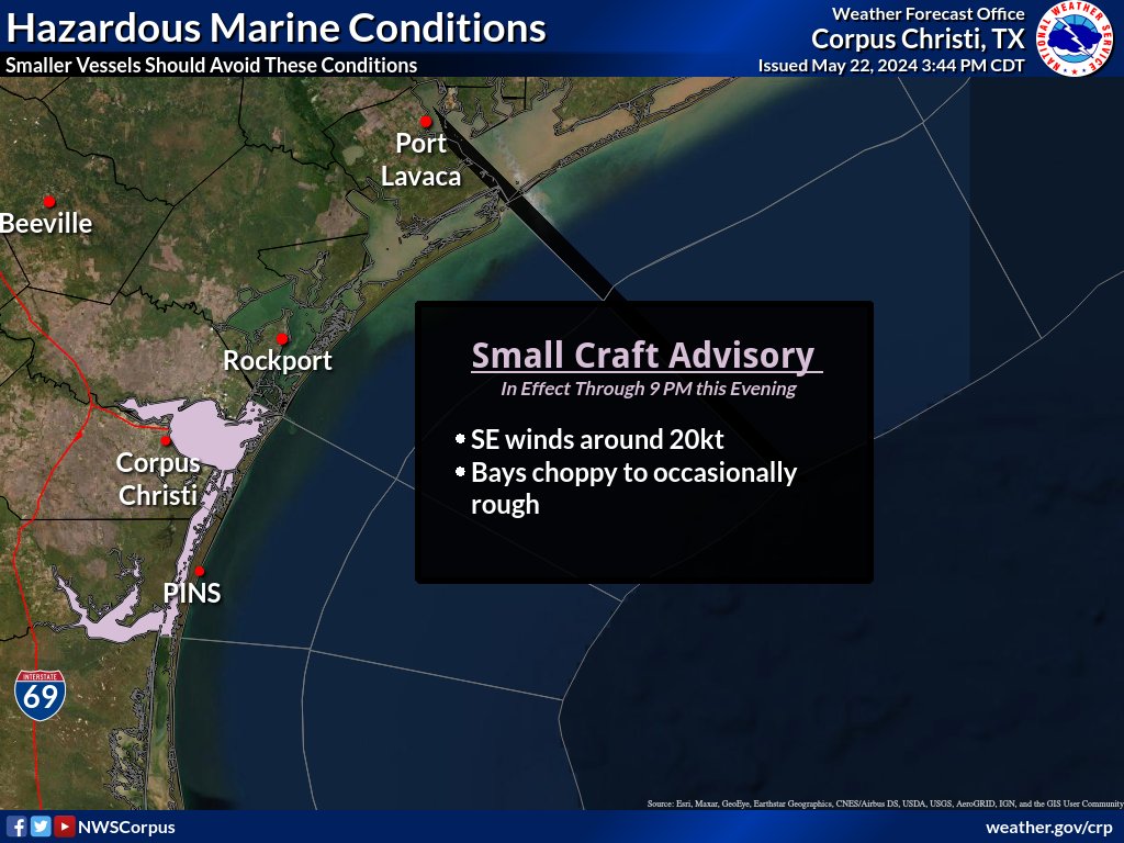 A Small Craft Advisory is in effect from Corpus Christi Bay to Baffin Bay through 9 PM this evening. Southeasterly winds around 20 knots and bays choppy to occasionally rough are expected. #txwx #stxwx