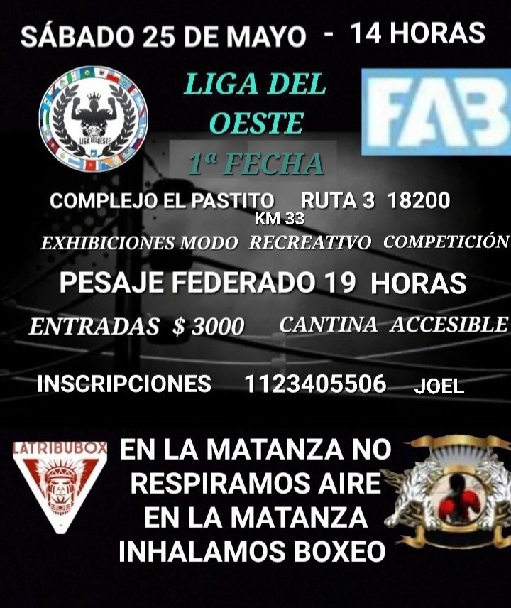 robicobe's tweet image. PRIMERA FECHA LIGA DEL OESTE.
14 horas en El Pastito - RUTA 3 km 33.
Juan Manuel de Rosas 18.200. Matanza.
Organiza Claudio Mesina .
Exhibiciones Joel Domínguez .
Ficaliza  Federación Argentina de Box .
Entradas $ 3000-Cantina accesible.
Los esperamos-Muchas gracias.