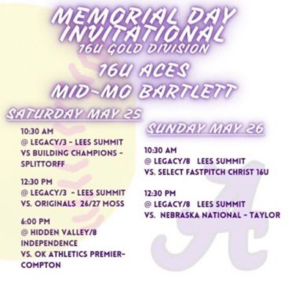 I am excited to compete this weekend at the Memorial Day Invitational! I am ready to get the summer season started with my favorite Aces girls! 💜<a href="/AcesFPMidMO/">Aces Fastpitch (Mid-MO)</a> <a href="/tbartlett76/">Taylor Bartlett</a>