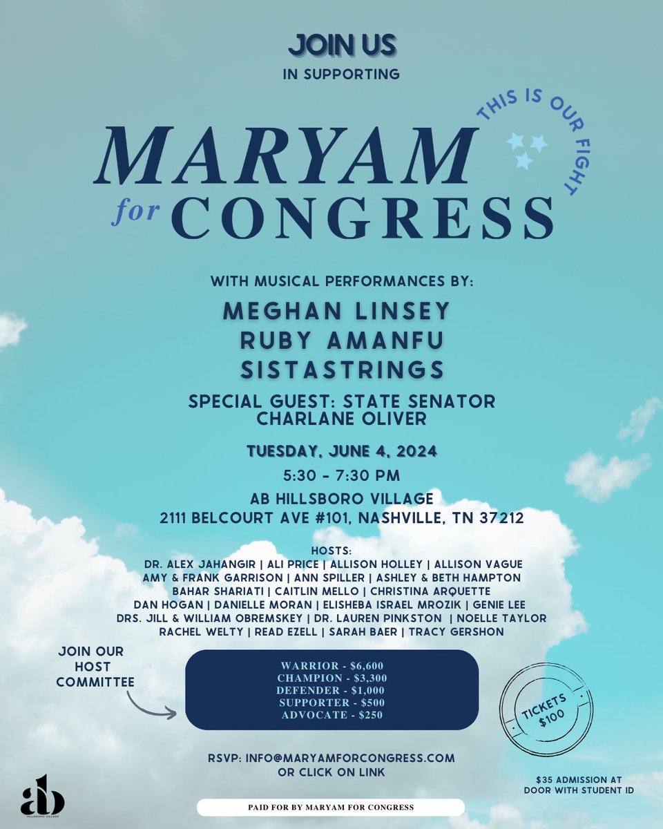 In recognition of the vital work being done on #gunsafety legislation, #reproductivefreedom, and affordability in Tennessee, Maryam would like to offer discounted tickets for members of organizations actively engaged in these areas. 
We love this community and are so excited to