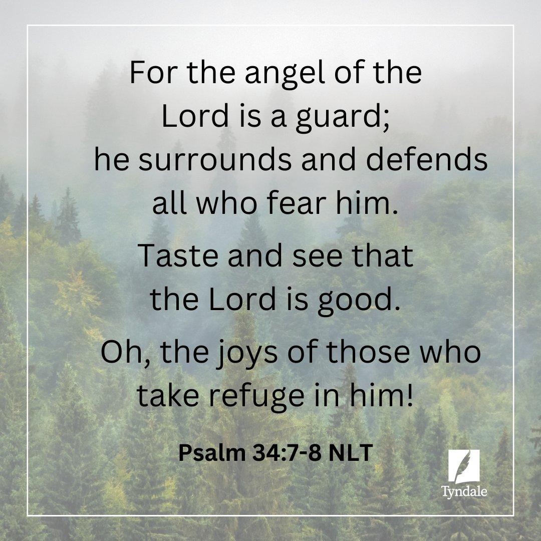'For the angel of the LORD is a guard; he surrounds and defends all who fear him. Taste and see that the LORD is good. Oh, the joys of those who take refuge in him!' Psalm 34:7-8 NLT