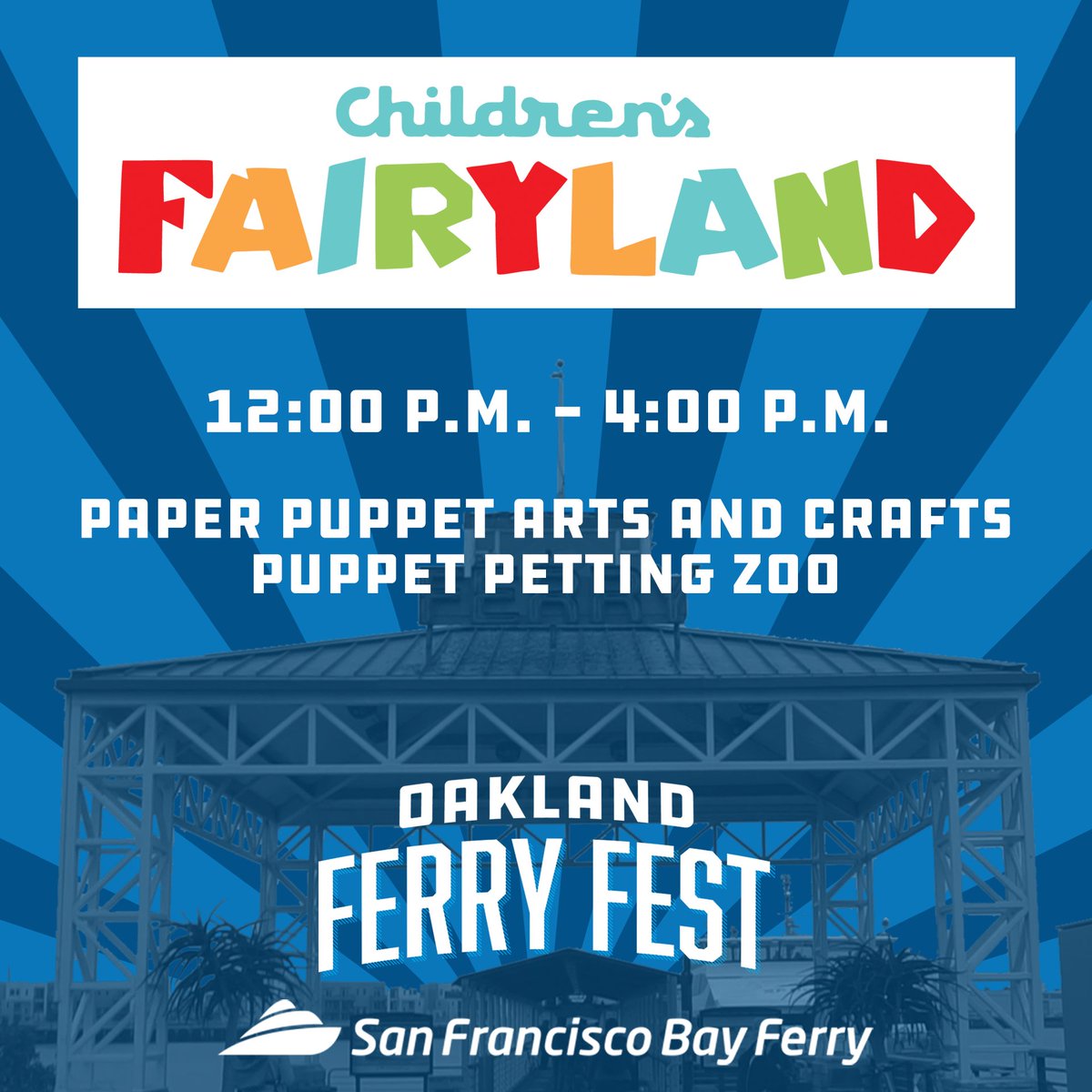 Coming to Oakland Ferry Fest on June 1? On top of free ferry rides, check out the kids activity area hosted by @FairylandCA from noon to 4:00 p.m. Kids will get to make puppet arts and crafts and play with a puppet petting zoo. Full details at sfbf.mobi/oakland-ferry-….