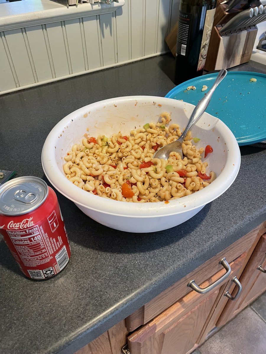 Oh that, that’s my giant emotional support bowl of macaroni salad that I take bites of throughout the day
