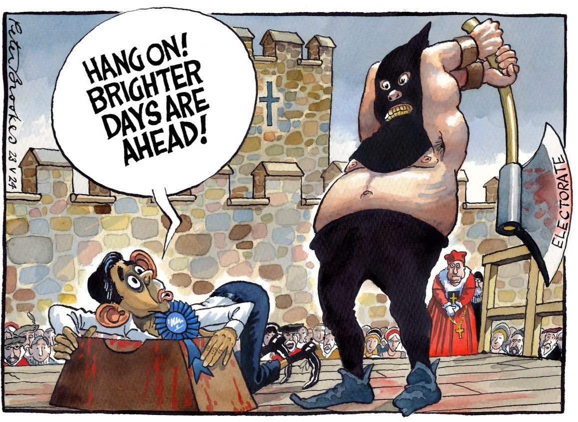 Peter Brookes on #RishiSunak calling #GeneralElection2024 #4July - political cartoon gallery in London original-political-cartoon.com