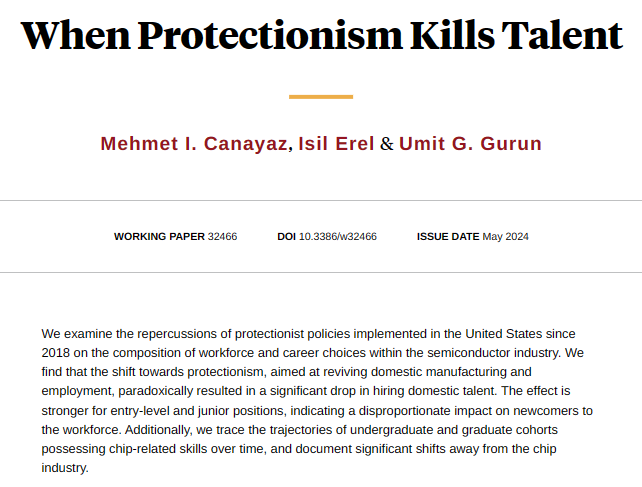 Repercussions of protectionist policies implemented in the US since 2018 on the composition of the workforce and career choices within the semiconductor industry, from Mehmet I. Canayaz, Isil Erel, and Umit G. Gurun nber.org/papers/w32466