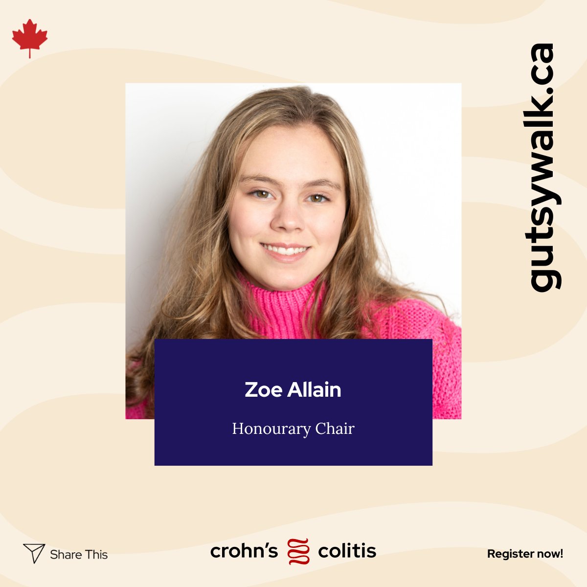 Zoe, one of this year’s Gutsy Walk Honourary Chairs, is passionate about advocating for all Canadians affected by Crohn’s and colitis, and ensuring they have improved access to washrooms. Read more about Zoe and join her at this year’s #gutsywalk: bit.ly/Honourarychairs
