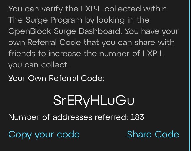 Linea Surge Activation Code: SrERyHLuGu

If you don’t activate a referral code, you won’t receive LXP-L Points!

Join my massive group now to farm LXP-L together for Linea Airdrop!

#Linea #Surge #LineaSurge #SurgeOnLinea $LXP #LXP