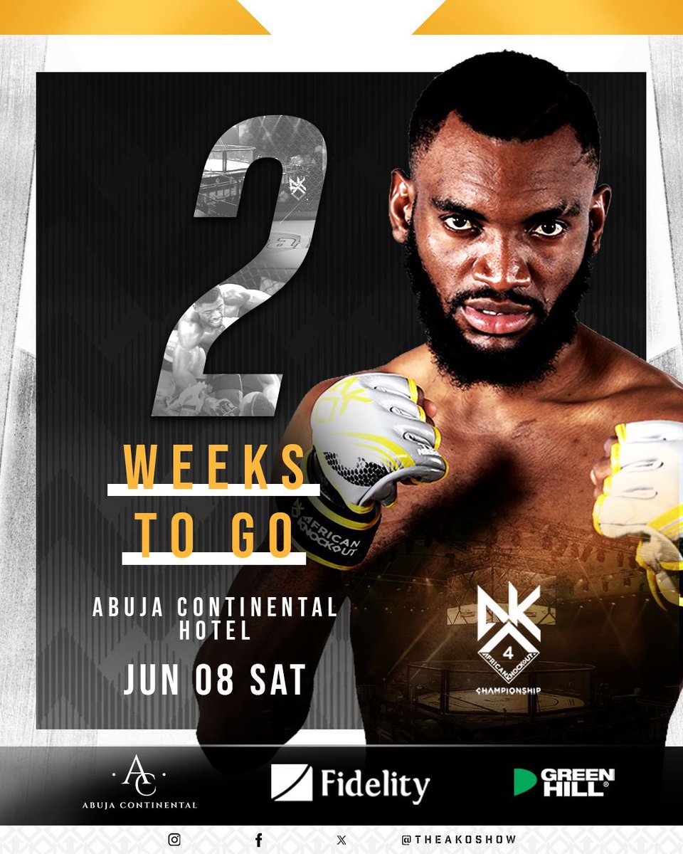 TheAKOShow's tweet image. 𝟮 𝗪𝗘𝗘𝗞𝗦 to go #AKO4 ‼️

Get ready for thrilling night of fights🔥

On Saturday Jun. 8 @theabujacontinental 📍in Abuja 🇳🇬

Grab your tickets 🎟️ Now. Link in bio 👆🏾

#AKOChampionship #MMA #Abuja #Nigeria #AKO4  #AfricanKnockout