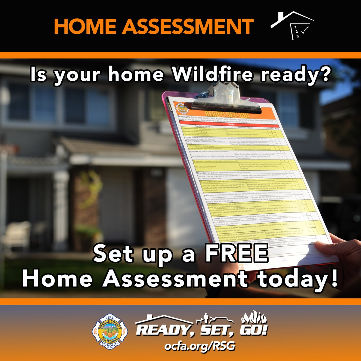 Is your home wildfire ready? Set up a FREE Wildfire Home Assessment to protect your home today! 🔥 Take the steps to protect your family, home, and neighborhood from Orange County’s #1 fire risk. #WildfireWednesday Learn more by visiting OCFA.org/RSG.